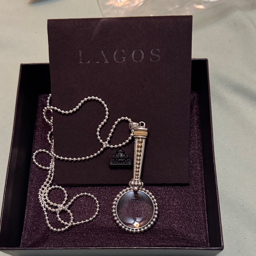 LAGOS Silver and Gold Beaded Necklace-Signature Caviar Magnifying Glass Pendant